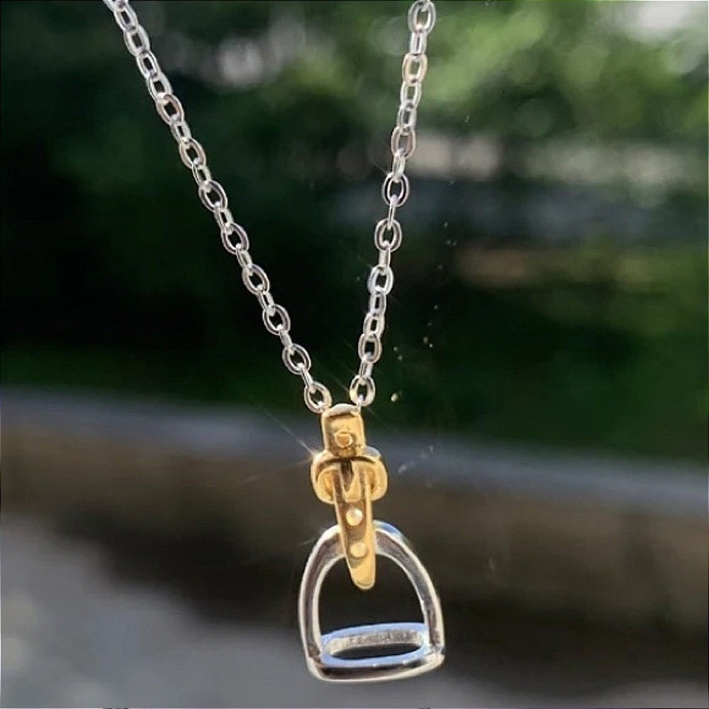 Sterling Silver Stirrup Necklace Two-Tone Gold Buckle Equestrian Jewelry Gift